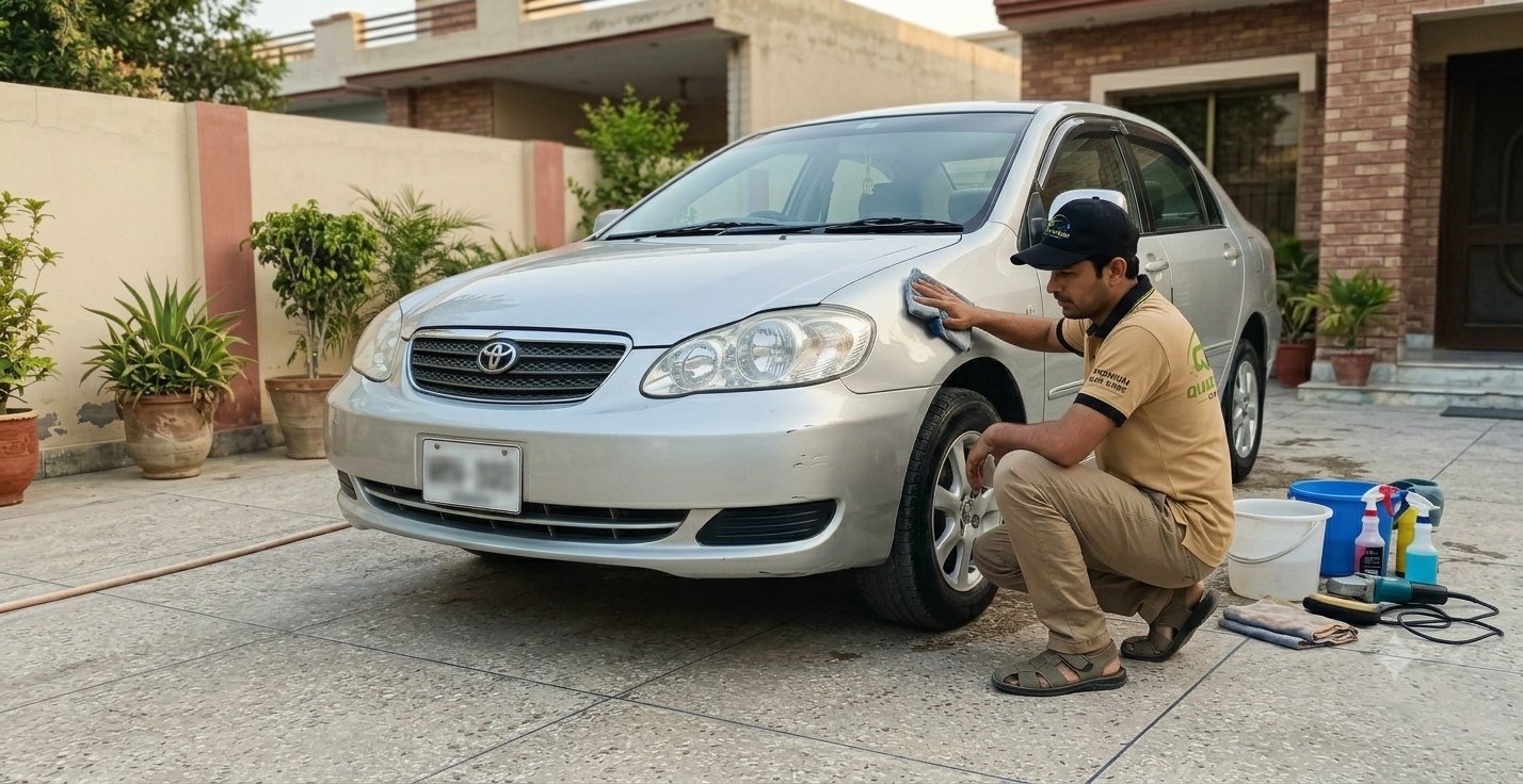 Quick Clean team member detailing a silver car at a customer's home